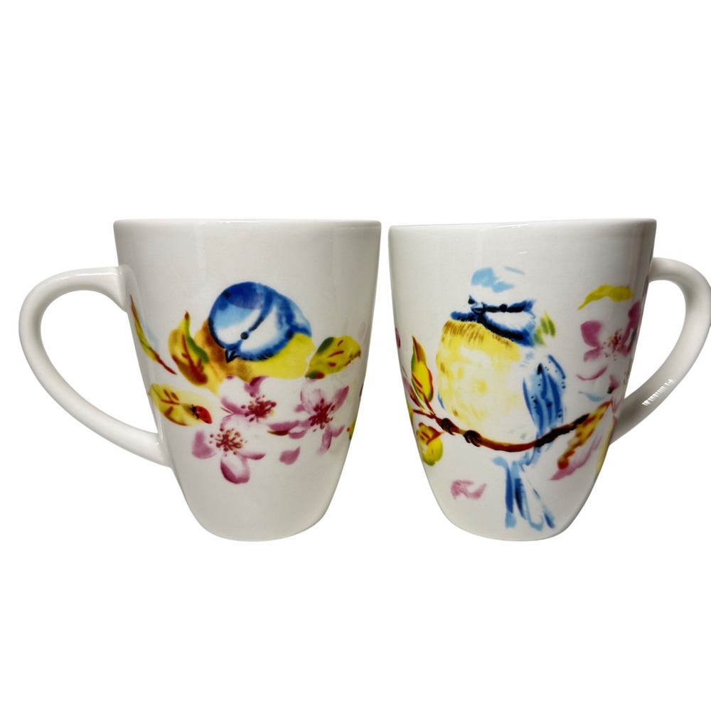 Pier 1 Imports Bluebird Blossom Dolomite Mugs Set of 2 Watercolor Floral Bird 4"